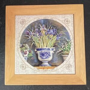 French provincial floral iris‎ porcelain and wood trivet
